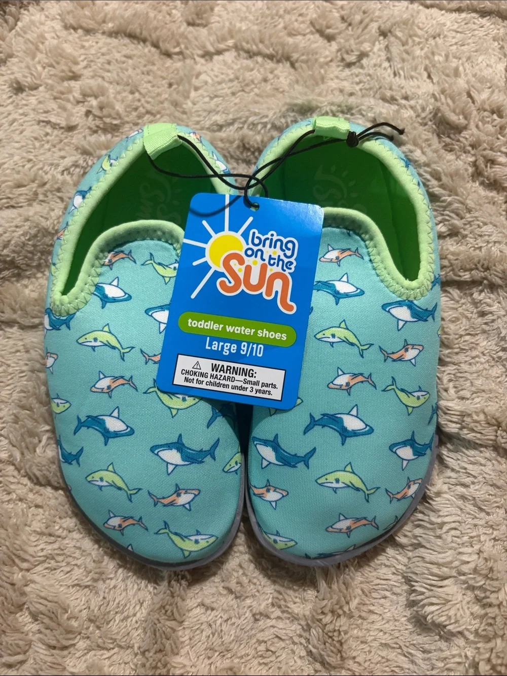 Bring on the Sun Toddler Water Shoes in Aqua Shark Print - Large 9/10